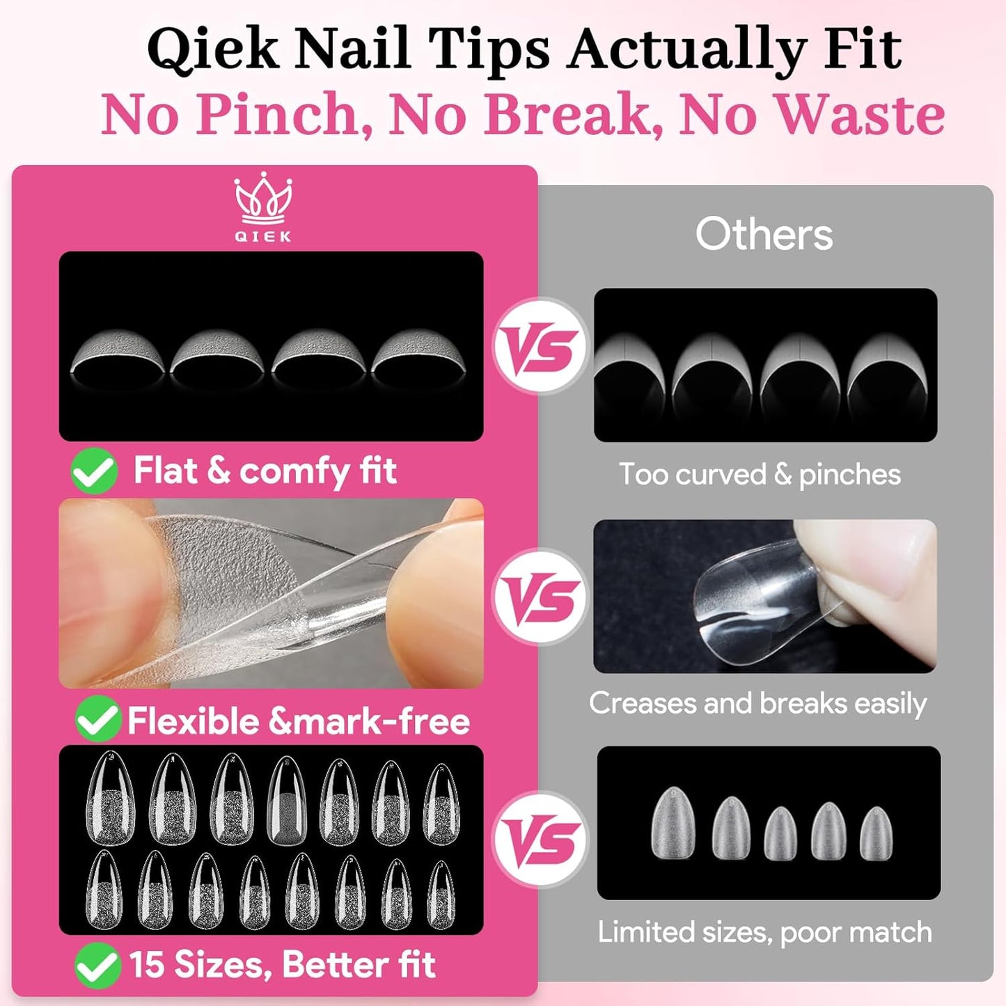 Medium Almond Fake Nail Tips, 15 Sizes 240 PCS Clear Half Matte Press On False Nail Tips Pre-shaped Full Cover Gel Nail Acrylic Soft Tips Extensions Thick Long Lasting for Home DIY Nail Salon