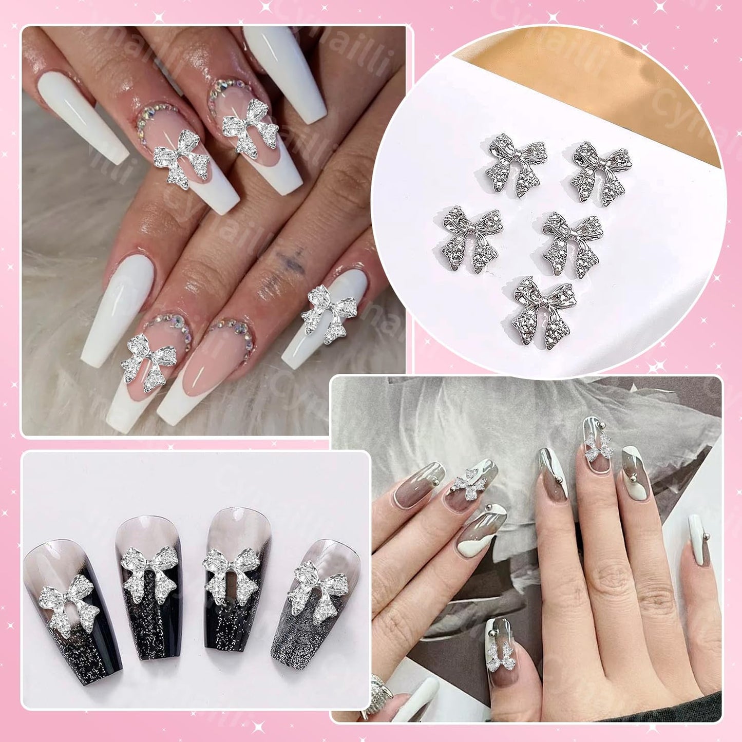 80 Pcs Silver Alloy Bow Nail Charms, 1011mm, Ideal for Nail Art, DIY Accessories