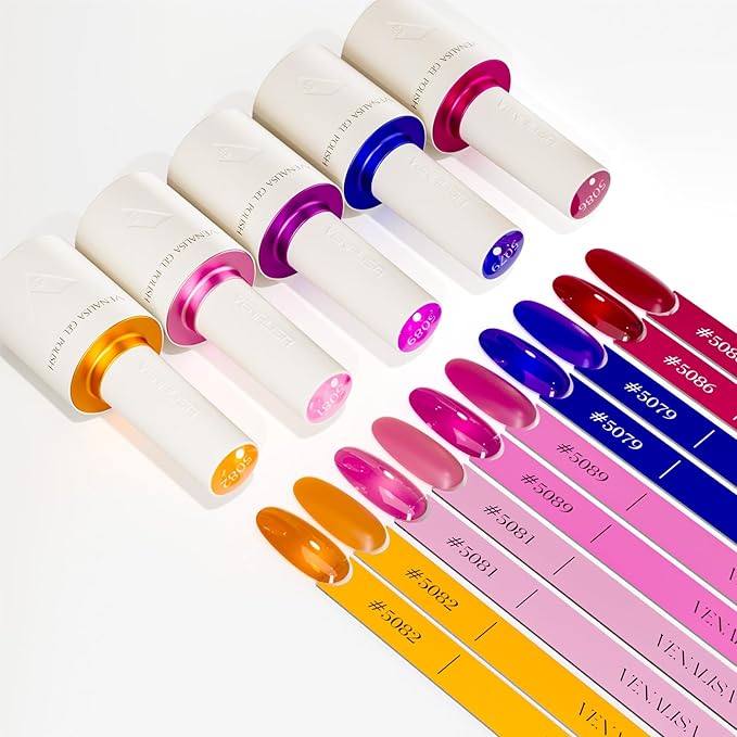 VENALISA 10 ML Jelly Gel Nail Polish Set with DIY Nail tips Kit, 5 Pcs Transparent Yellow Purple Red Gel Polish Color High Gloss Soak Off U V Nail Manicure Salon DIY