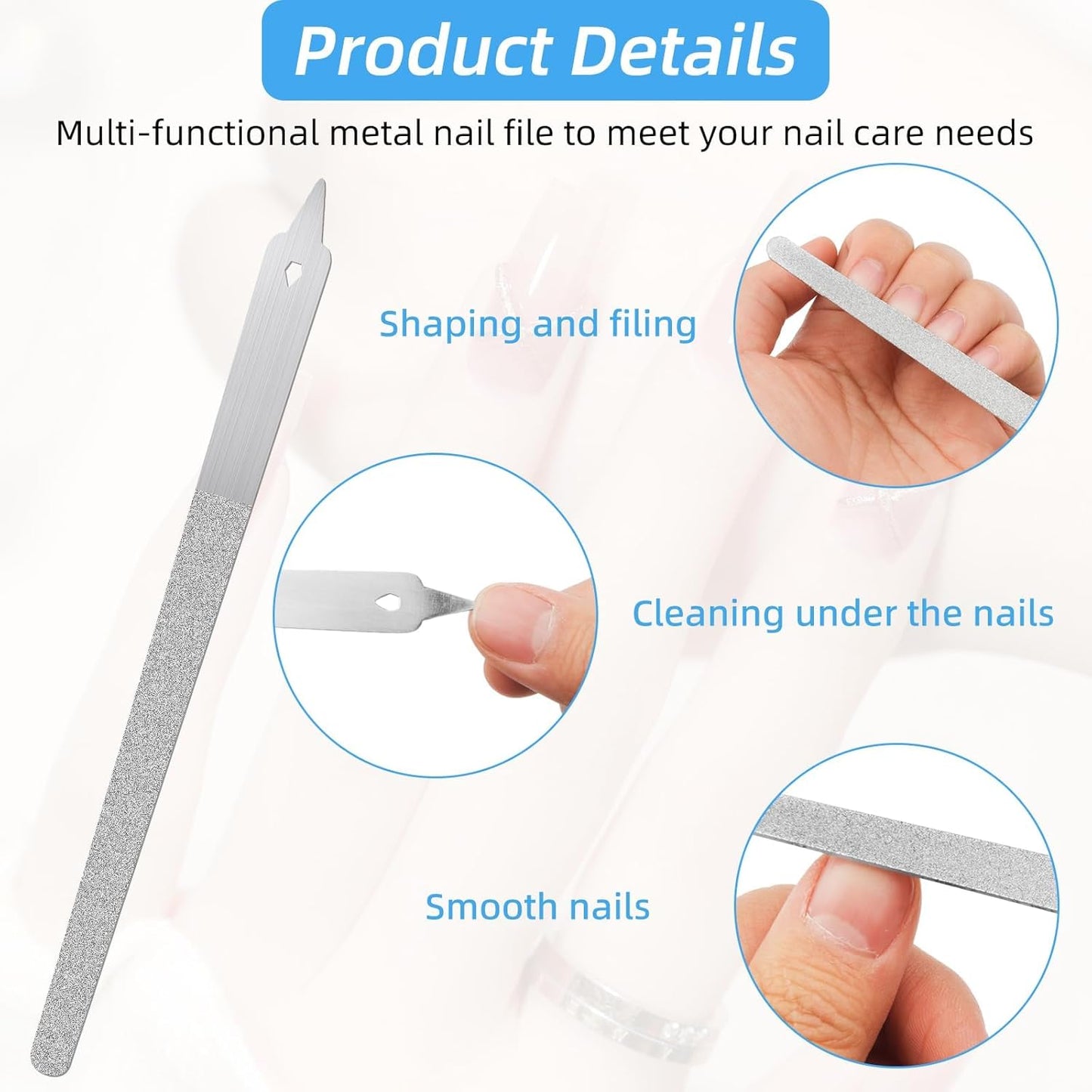 3PCS Diamond Dust Nail File, Fingernail Files with Pointed Tip, Fingernail Files with Pointed Tip/Nail Dresser for Manicure, Double Side Fingernail Toenail Files, Stainless Steel Nail Filer (2 Size)