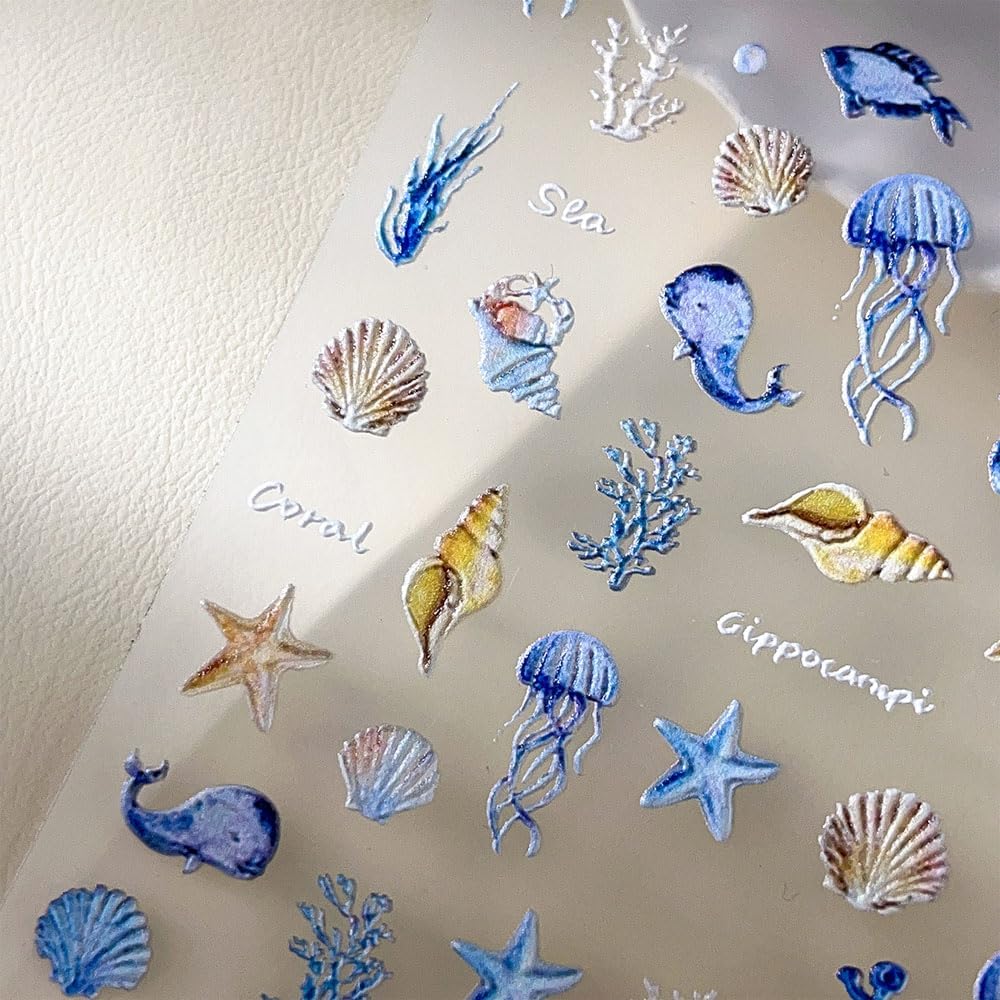 4 Sheets Ocean Life Nail Art Stickers, 5D Embossed Self-Adhesive Starfish and Shell Nail Stickers Summer Sea Theme Design for Women Girls DIY Nail Salons Manicure Decoration
