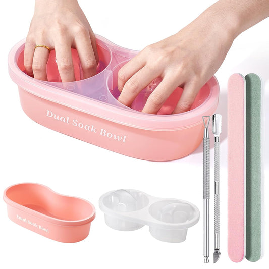 Dual Nail Soaking Bowl Acetone Proof: Nail Polish Acrylic Nail Remover Soak Off Bowl- Dip Powder Remover Manicure Bowl for Salon Home Use (D1-Pink)