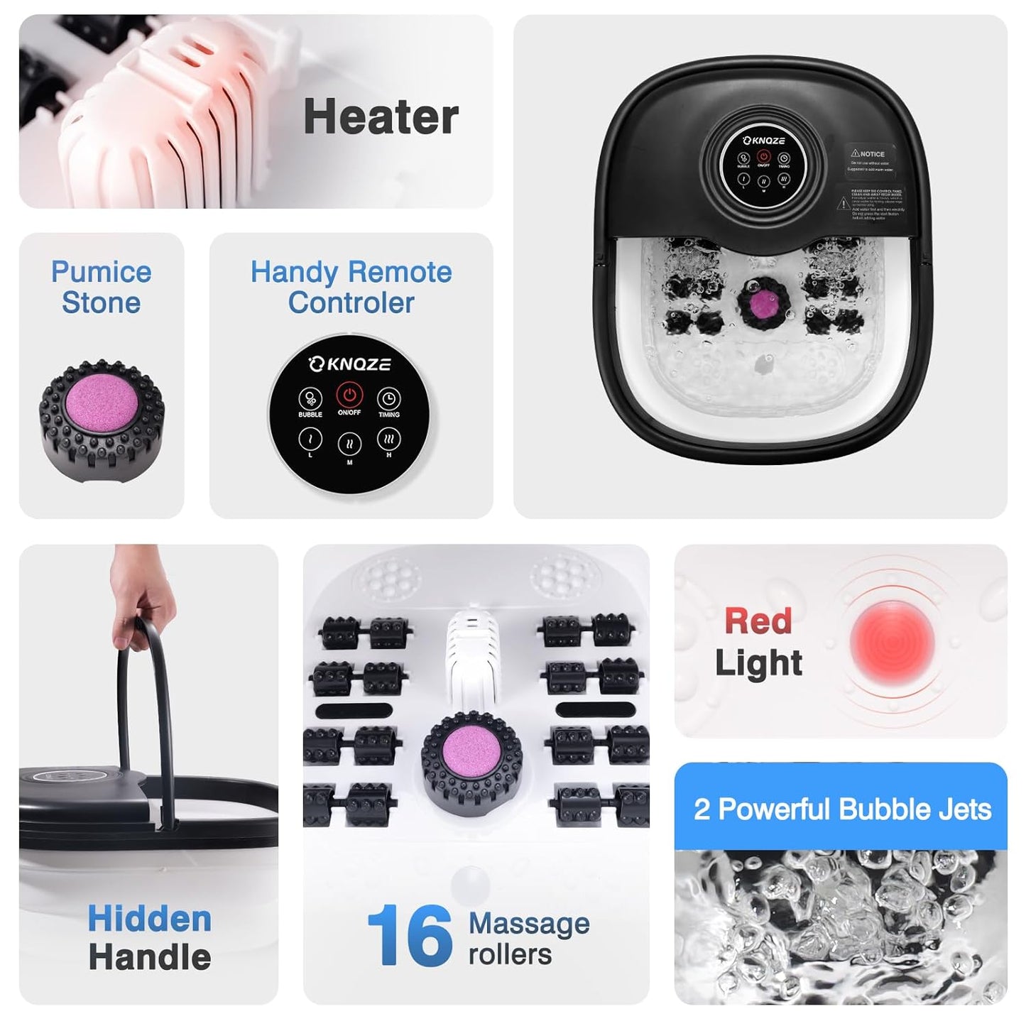 KNQZE Collapsible Foot Spa Bath with Heat, Remote Control, Temperature Control, Bubbles, Pumice Stone, Red Light, Timer, 16 Massage Roller Pedicure Foot Spa Foot Soaker for Soothe & Relax Tired Feet