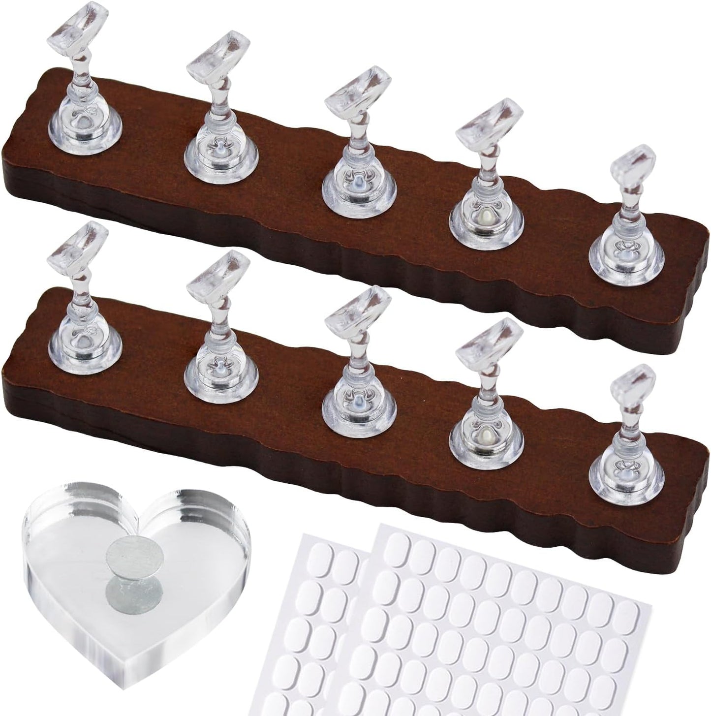 Wooden Nails Stand for Press On Art Display Practice 2 Set, 1 Heart Shaped Acrylic Magnetic Nail Stand, Fake Nail Holder with 200 Pieces Double-sided Tape, For Home DIY Salon Supplies (Walnut, Medium)