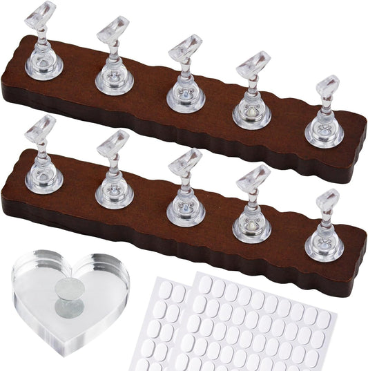 Wooden Nails Stand for Press On Art Display Practice 2 Set, 1 Heart Shaped Acrylic Magnetic Nail Stand, Fake Nail Holder with 200 Pieces Double-sided Tape, For Home DIY Salon Supplies (Walnut, Medium)