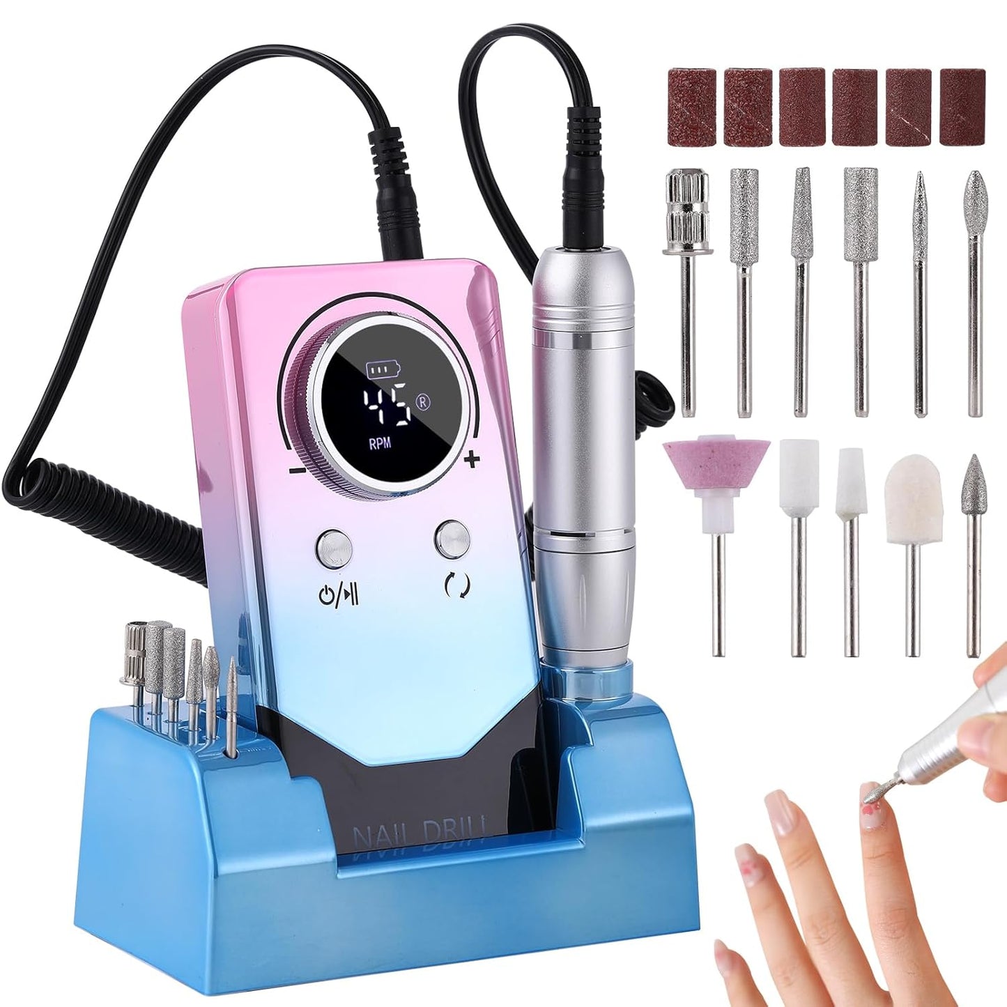 Electric 45000RPM Nail Drill Machine Rechargeable Portable Nail File Electric DIY Nail Drill Kit with Smart LCD Screen for Gel Nail Manicure and Pedicure Reflective Body etc (Gradient)