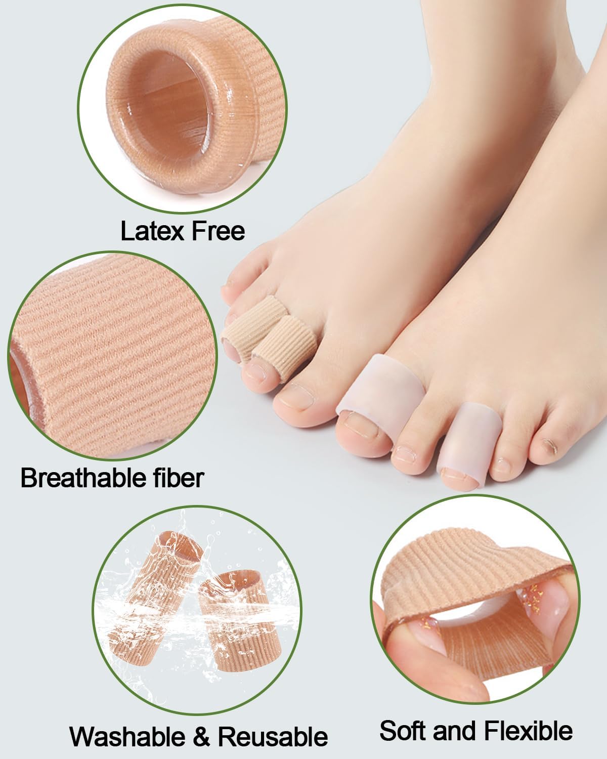16PCS Silicone Toe Sleeves Gel Corn Protectors Toe Tube Cushions with 4 Size, Soft Corn Pads Covers for Women Men Pain Relief, Calluses, Blisters, Bunion, Hammer (8gel+8nylon)