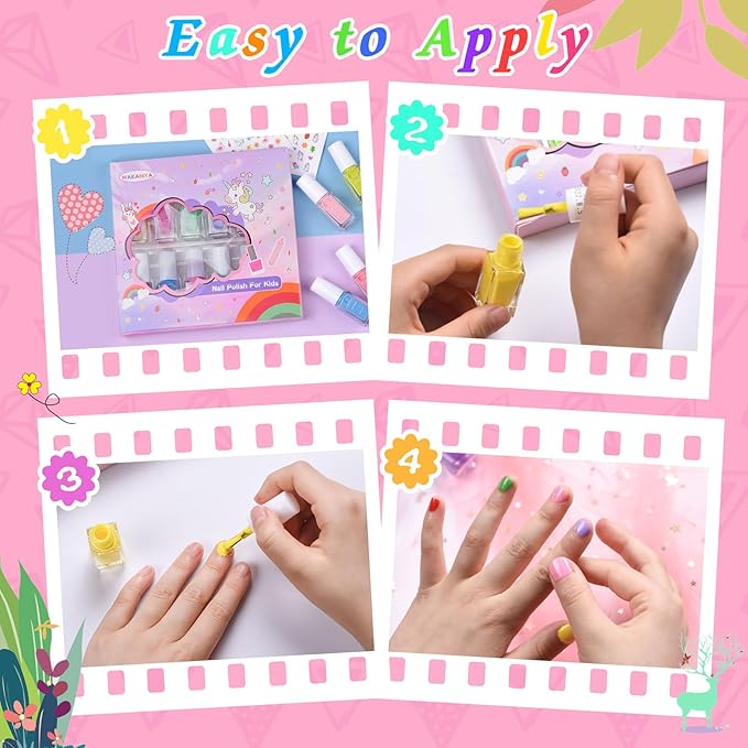 Kids Nail Polish, Non-Toxic Toddler Nail Polish Water-Based Peel-Off Quick Dry Low Odor 12 Candy Colors Mini Nail Kit for Girls