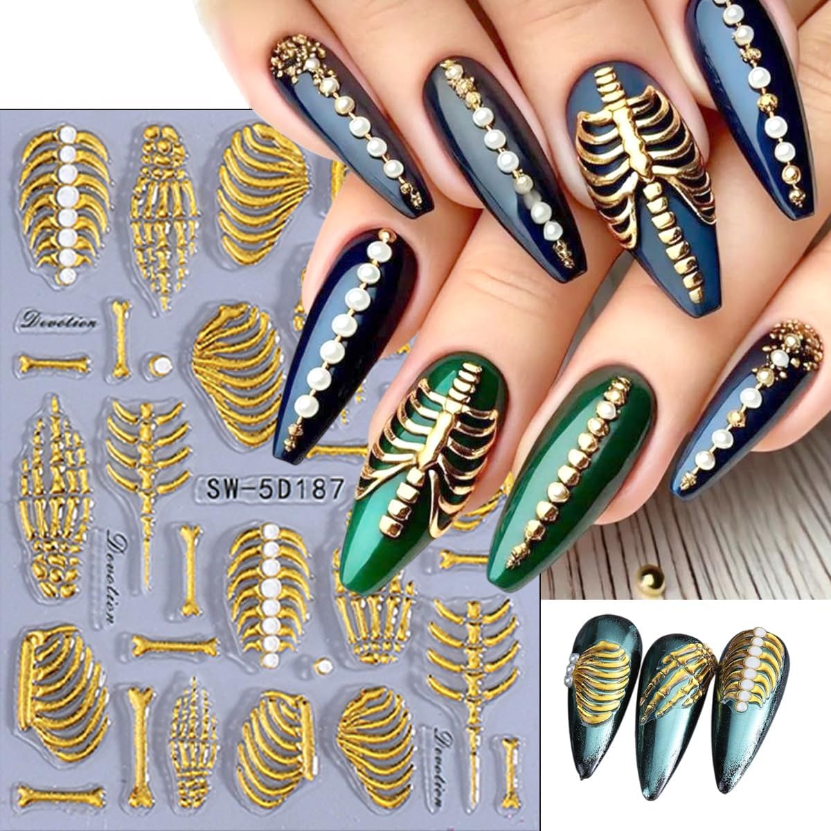 3 Sheets Embossed Halloween Nail Art Stickers Decals Gold Pink White Self-Adhesive Nail Stickers Design 5D Horror Bone Skull Hand Nail Decals for Women DIY Manicure Halloween Party Nails Decoration