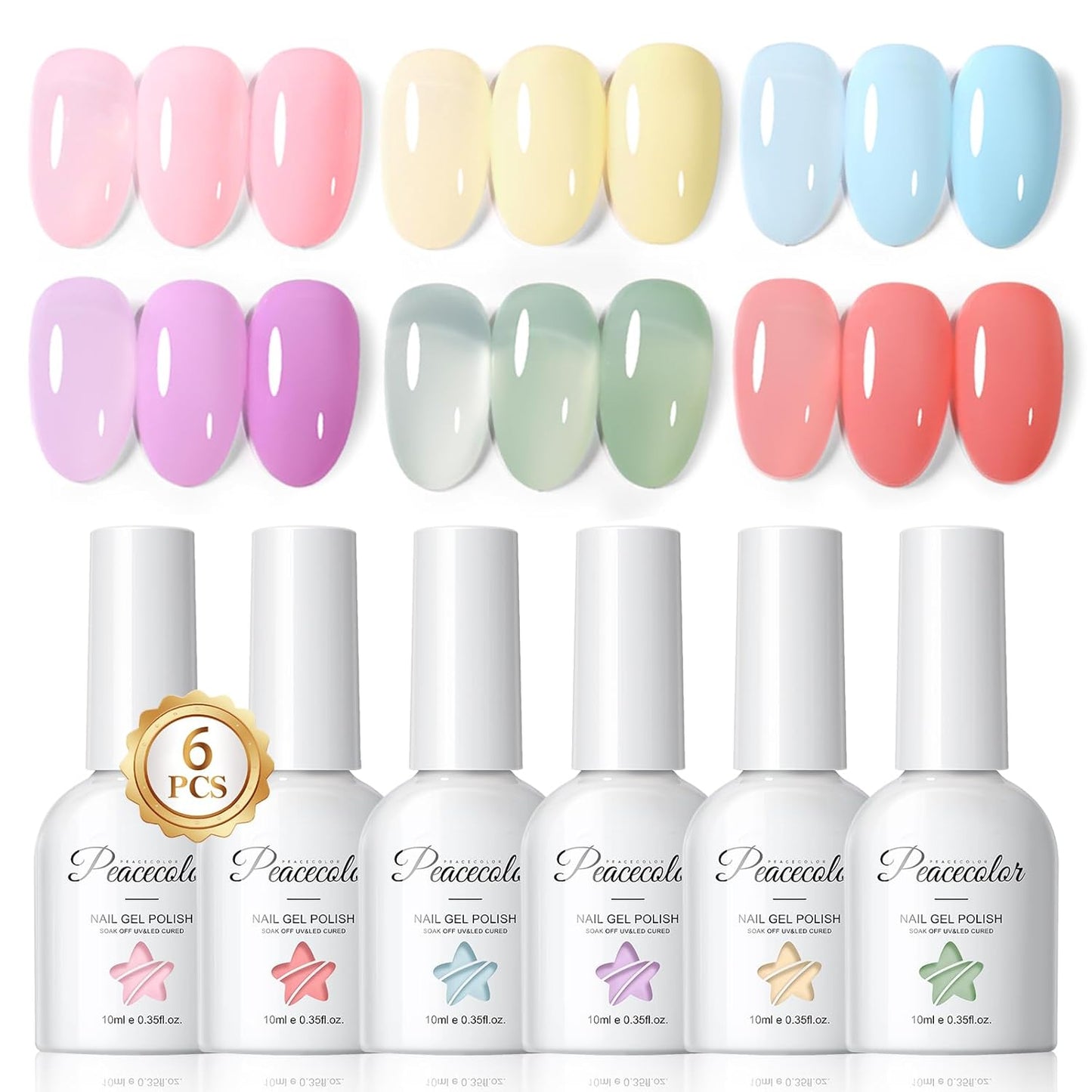 Peacecolor 10ML Jelly Nail Polish Gel Set, 6 Transparent Colors Pink Blue Green Purple Yellow Gels Polish for Salon Sheer Gel Manicure Set Nail Art DIY at Home