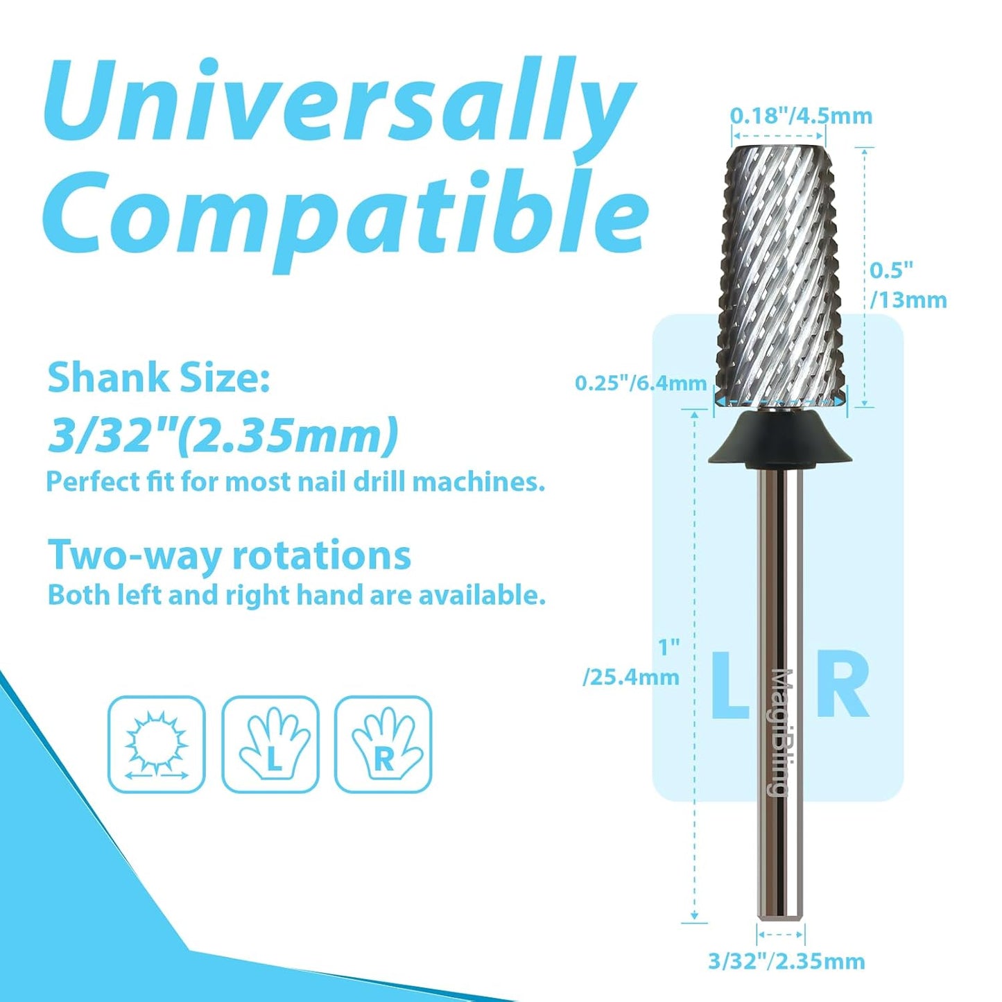 Professional Nail Drill Bits, Tungsten Carbide Cross Cut Tapered Barrel 3/32'' Safety Bits, Left and Right Hand Use, Remove Gel Fast, Manicure Pedicure Cuticle Gel Polishing, Extra Coarse.