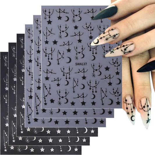 Star Nail Stickers for Nail Art 3D Self-Adhesive Moon Nail Decals Black Silver Star Nail Art Stickers for Women 6 Sheets