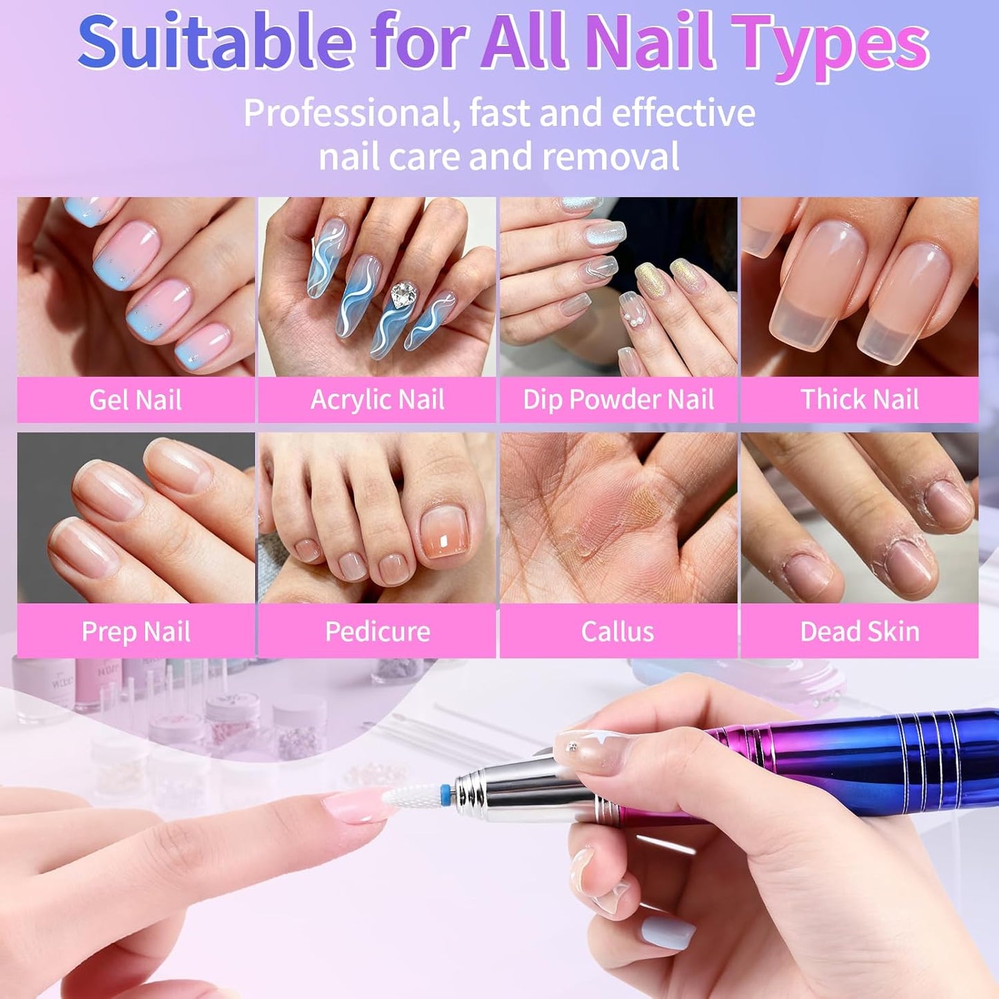 Electric Nail Drill Professional - 45000 RPM Cordless Nail Drill with Rechargeable Stand, Electric Nail File with Nail Lamp, Portable Nail Drills for Acrylic Gel Polishing Removing, Home & Salon Use