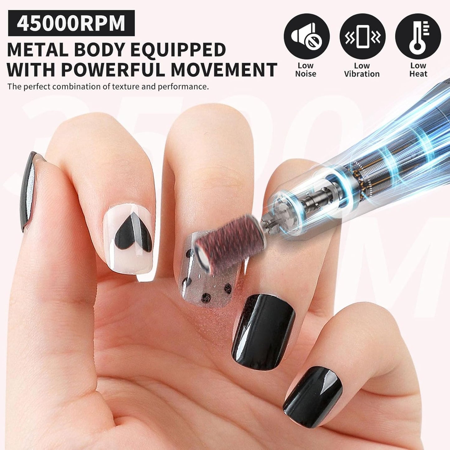Professional Nail Drill Kit 45000RPM, Portable Electric Nail File with 13 Bits & 56pcs Sanding Bands,LED Screen,Ultra-Silent, Rechargeable Nail Drills Machine for Acrylic Nails Gel Polishing (Pink)