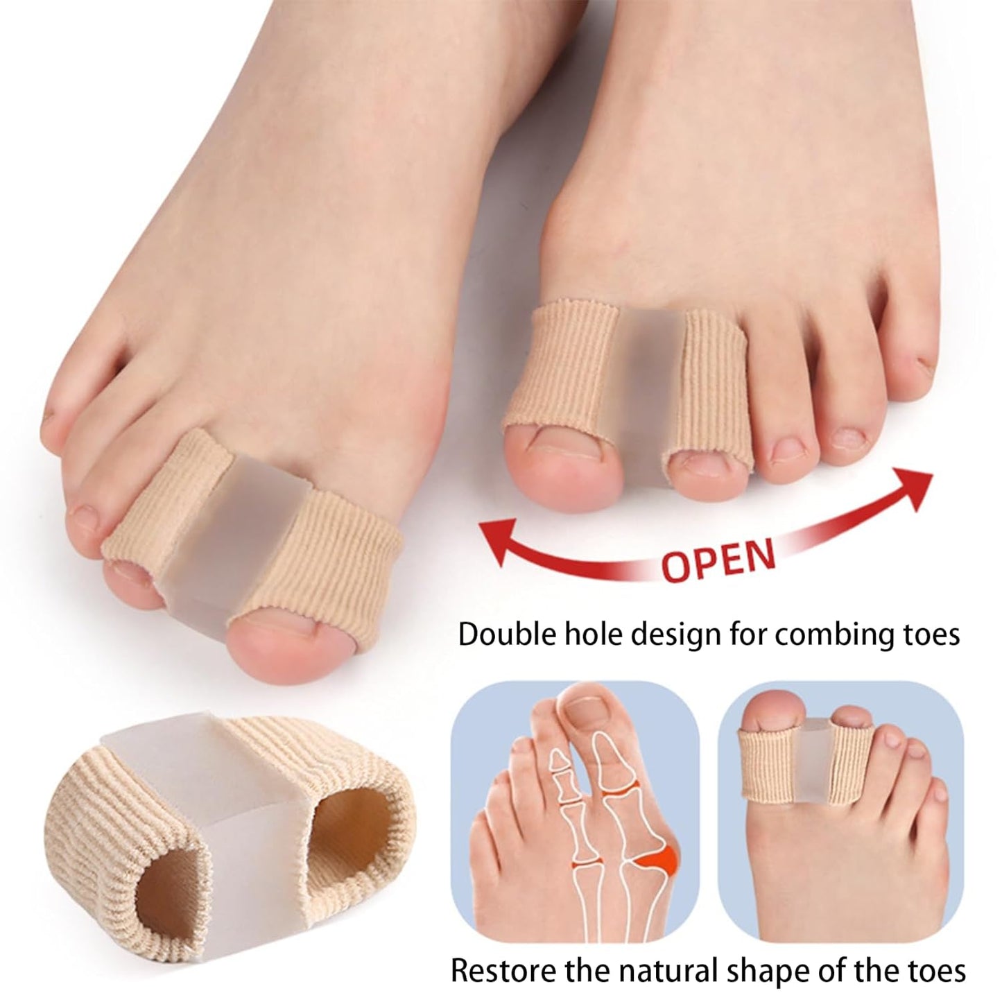 4 Pairs Toe Separator Sleeves, Soft Breathable Big Toe Corrector with Gel Toes Spacer Cushion, Crooked Hammer Toes Overlapping Toes Straightener Sleeves for Big Toe Alignment Bunion Relief（S）