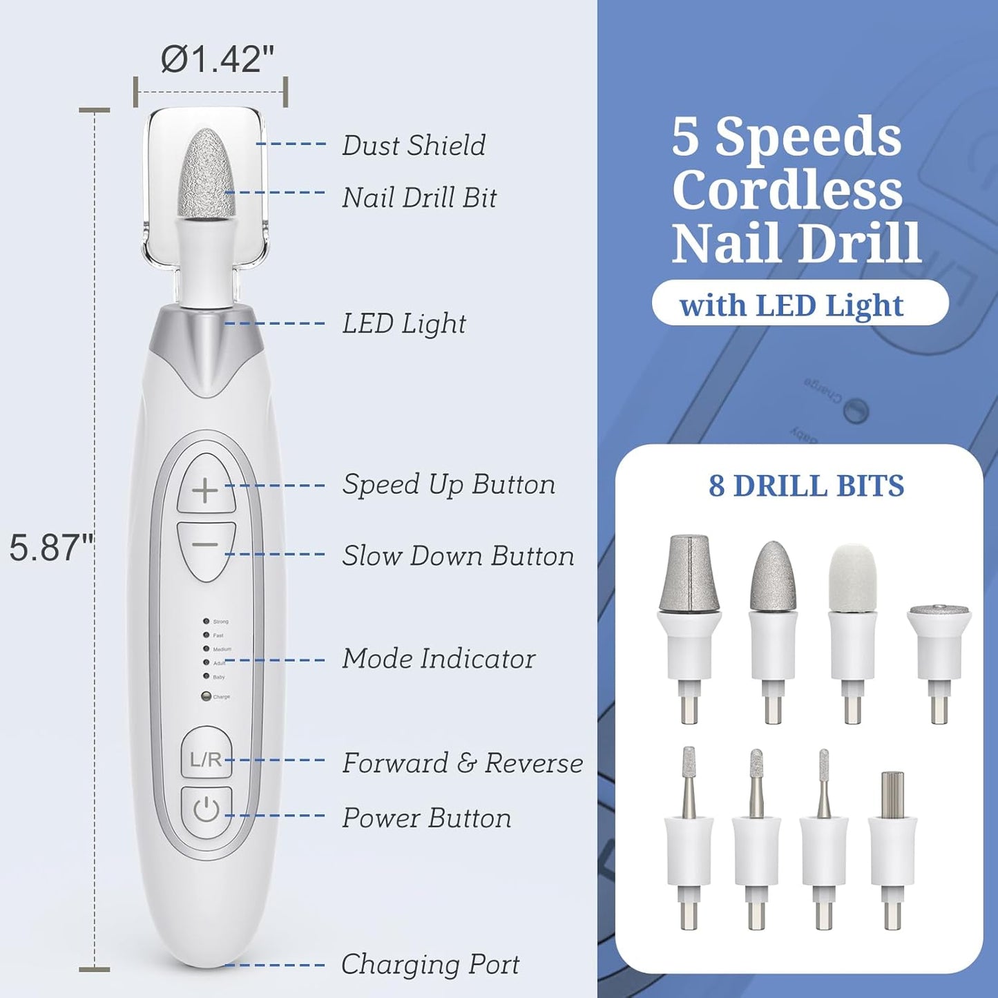 PELCAS Electric Nail File, 5 Speeds Manicure and Pedicure Kit, Cordless Nail Drill, Toenail Grinder for Thick Toenails with LED Light, Dremel Tool Kit for Human, Pet, Toenails, Natural & Acrylic Nails