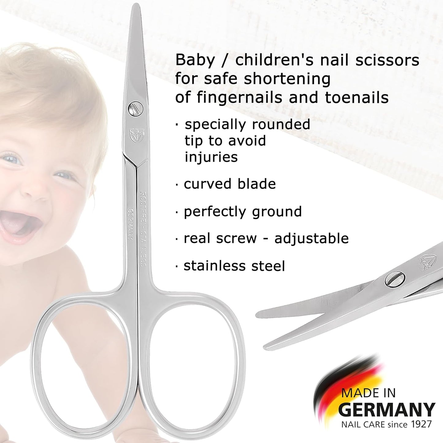 3 Swords Germany - Baby Nail Scissors Safety Scissors with round tips for Children - Babies - toddlers - Infants with Funny Bird case 'Corbi' - Stainless Steel Brand Quality Made in Germany (555)