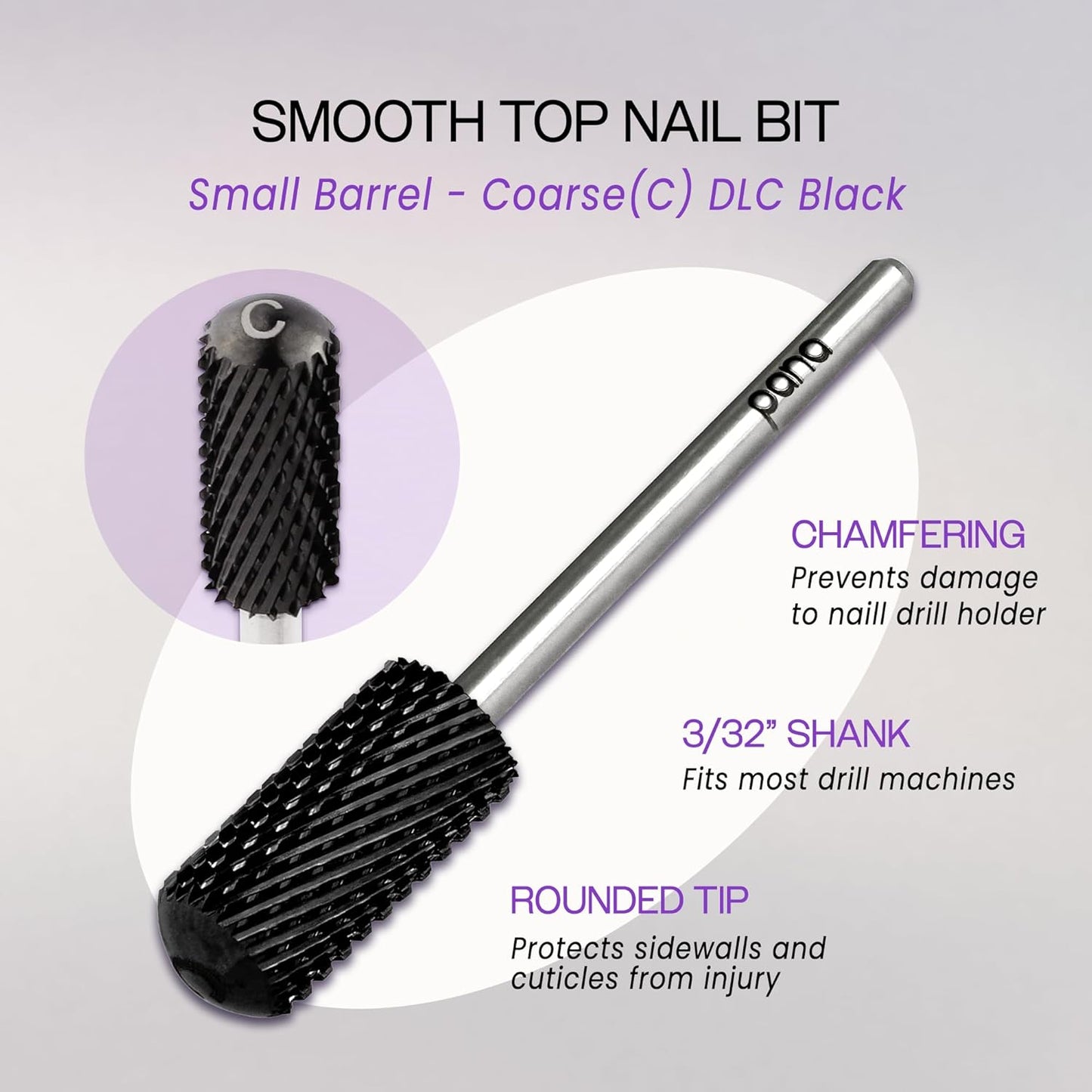 PANA 3/32" Small Smooth Round Top Safety Carbide Nail Drill Bit for Gel Polish & Acrylic Removal Nail Salon Manicure Pedicure Electric File Tools (Small Barrel - DLC Black, Coarse)
