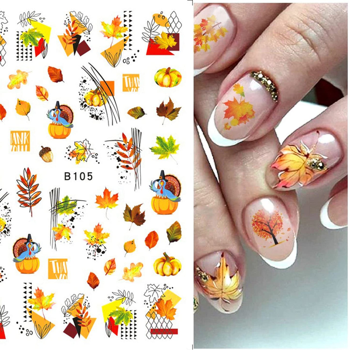 Fall Nail Art Stickers - 10 Sheets Maple Leaf Nail Art Supplies - 3D Self-Adhesive Nail Decals Autumn Thanksgiving Maple Leaves Pumpkin Turkey Nail Sticker for Women Manicure Decoration
