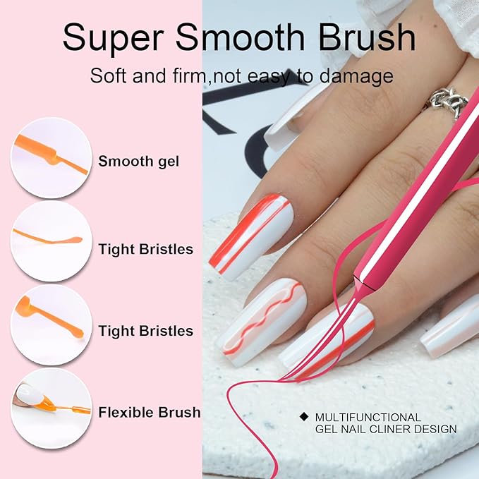 Gel Liner Art Polish Set 10ml, 6 Colors Black White Red Pink Glitters Gold Silver, Nail Polish Paint Swirl Built Thin Brush in Bottle Soak off Uv Gel Nail Art Liner Set