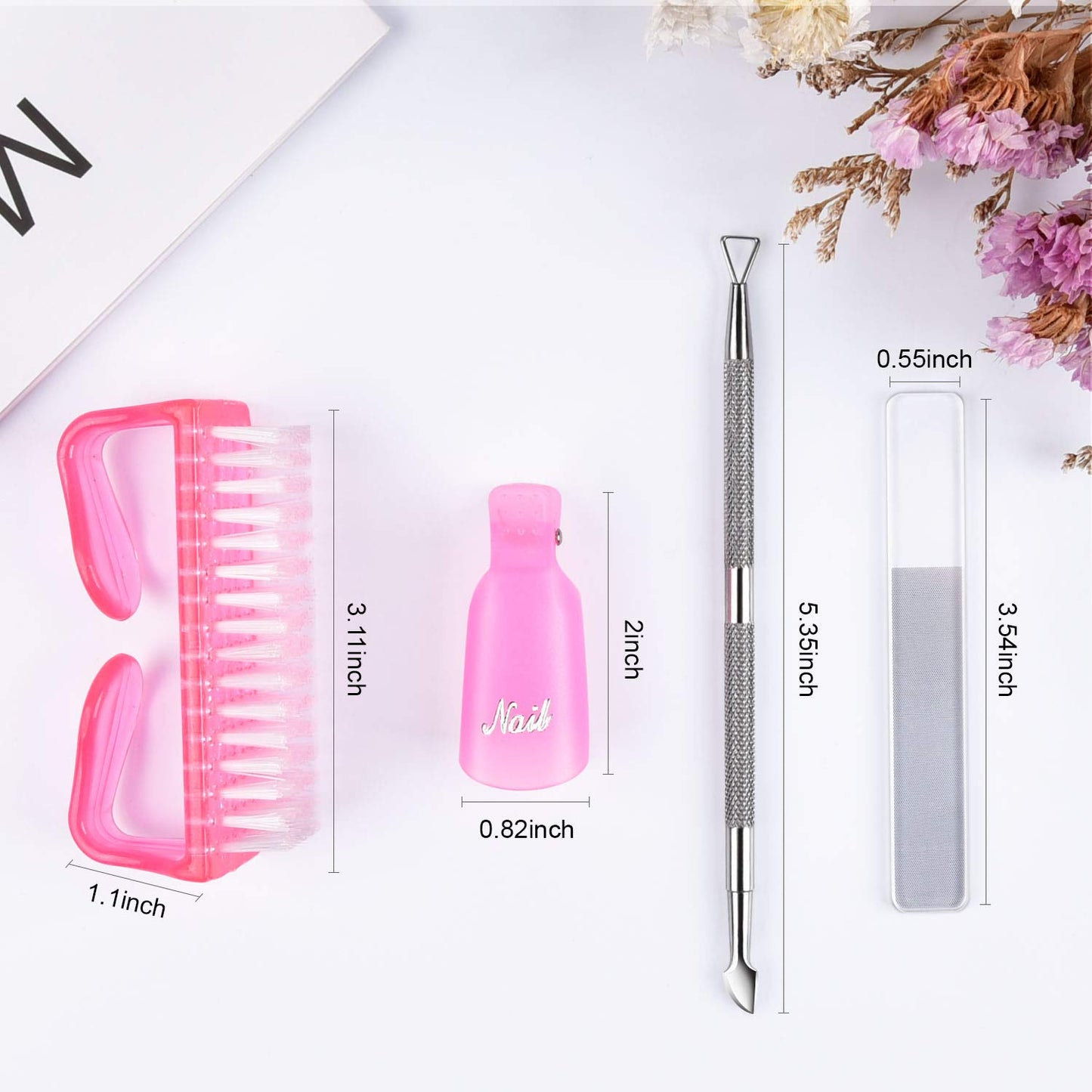 MORGLES Nail Polish Remover Clips, Gel Polish Remover Kit with 10 Pcs Nail Clips, 300 Pcs Cotton Pads, 100/180 File, Glass Shiner, Cuticle Pusher and Brush-Pink