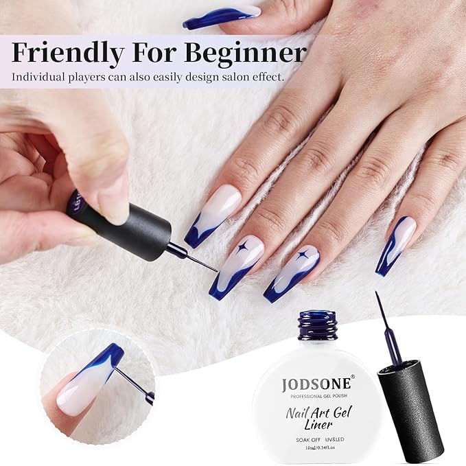 JODSONE 10ml Nail Art Gel Liner Dark Blue Gel Nail polish with Thin Brush Need U V Lamp Cured at Home DIY Gift for Girls