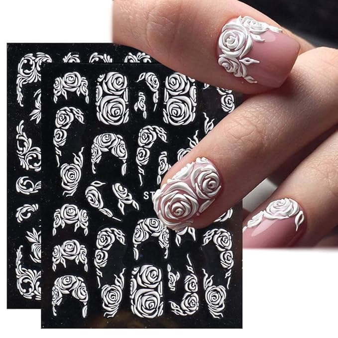 Flower Nail Stickers - 5D White Flowers Nail Art Decals Self-Adhesive Embossed Floral Rose Nail Art Supplies French Nail Designs DIY Wedding Manicure Decorations for Women Girls - 4 Sheets