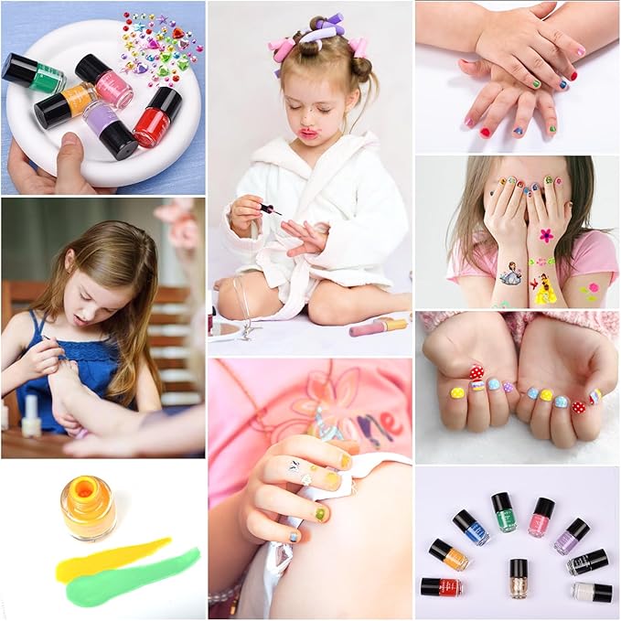 wakaniya Kids Nail Polish - Quick Dry Mini Nail Polish Set for Girls with Gems Stickers, 9 Colors Non-Toxic Water-Based Peel-Off Low Odor Toddler Nail Set for Ages 3+