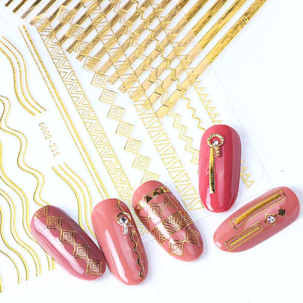 10 Sheets Gold Lines Nail Art Stickers Decal,Metal Geometric Stripe Wavy Line Self Adhesive Nail Decals French Classic Simple 3D Designs Nail Foil Stickers Sliders Manicure Decorations for Women Girls