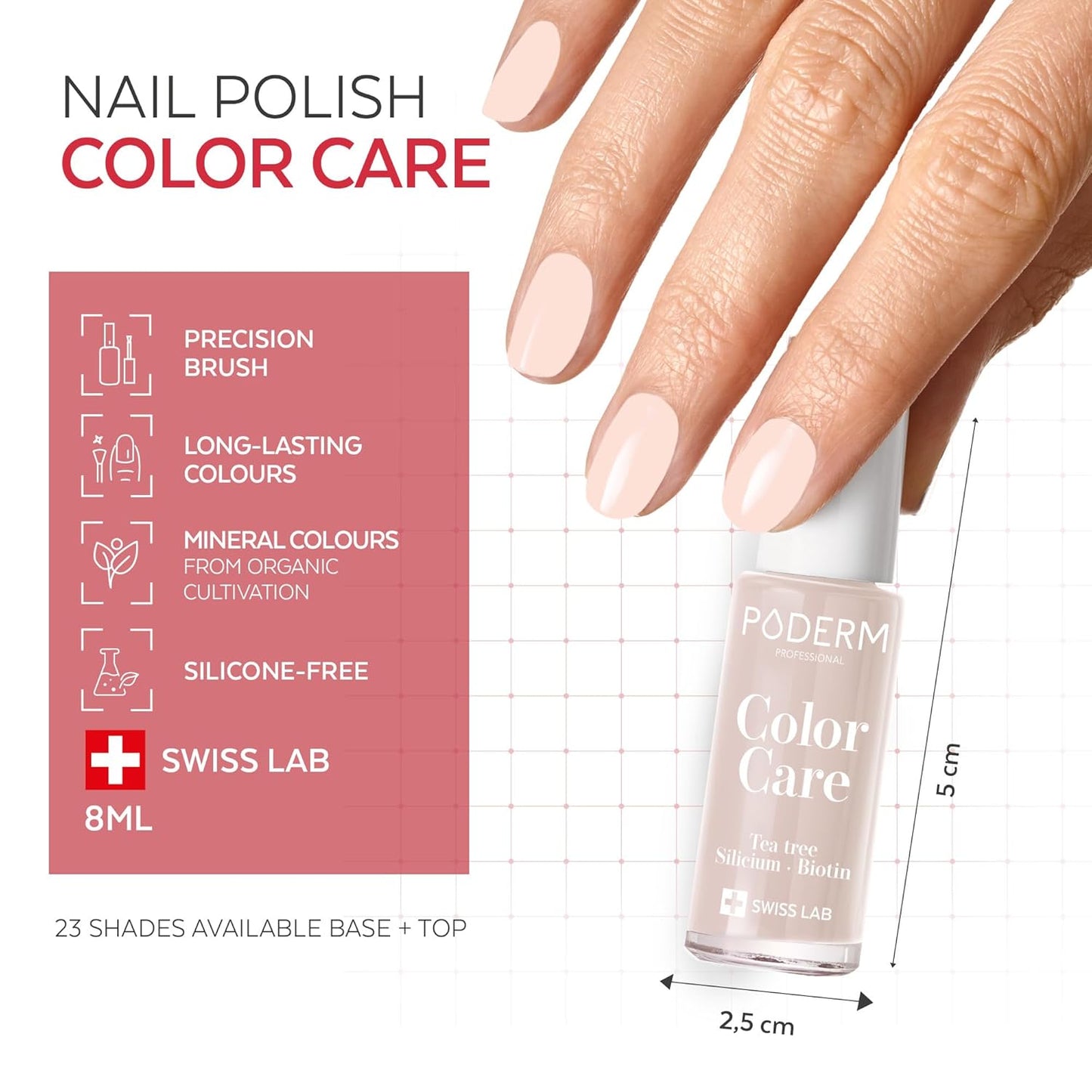 PODERM - Nail Polish – Enriched with Tea Tree – Improves nail appearance – Ingredients Natural/Vegan - foot/hand - Swiss Made (Powder Pink)