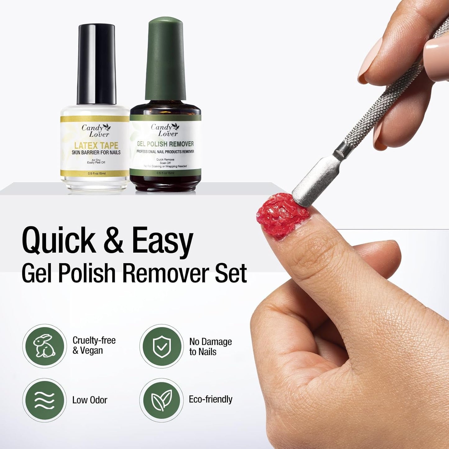 Candy Lover Gel Nail Polish Remover Kit, Latex Tape Peel Off Liquid and Gel Polish Remover with Cuticle Pusher & Nail File, Remover for Nails in 3-5 Minutes, No Need Soaking or Wrapping