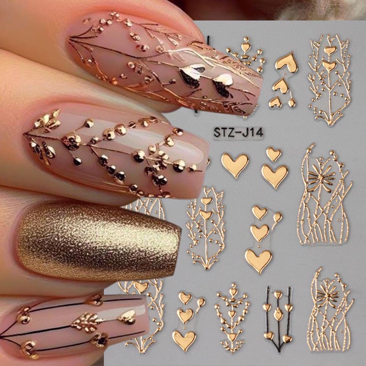 Golden Heart Nail Stickers for Nail Art 3D Bronzing Heart Nail Art Stickers 3PCS Metallic Golden Love Hearts Tree Stripe Design Self-Adhesive Nails Decals Supply for Women DIY Manicure Decorations