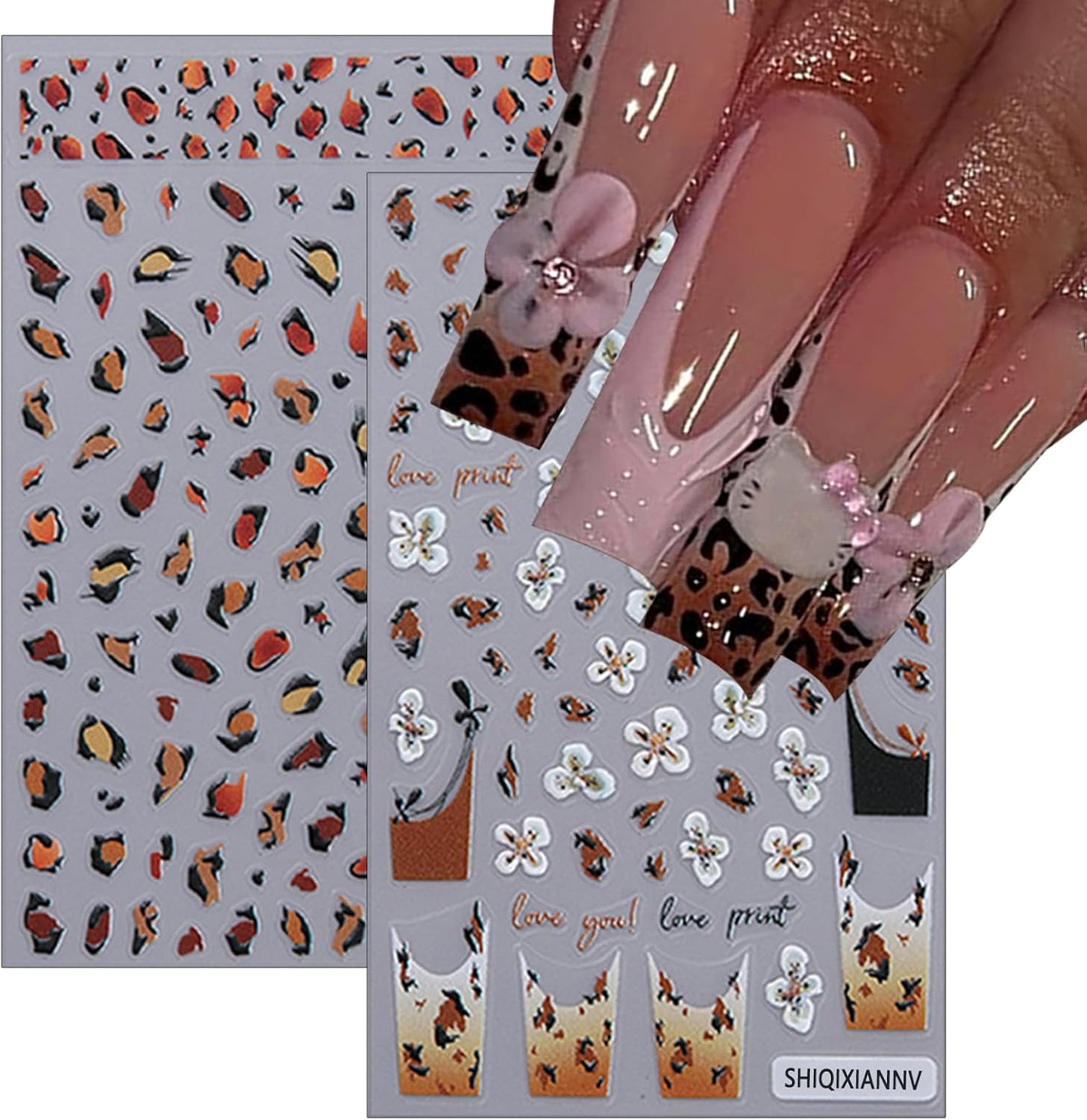 8 Leopard Print Nail Stickers 3D self-Adhesive French Nail Stickers Hibiscus Petal Nail Art Design Suitable for Women and Girls DIY Nail Decoration Supplies