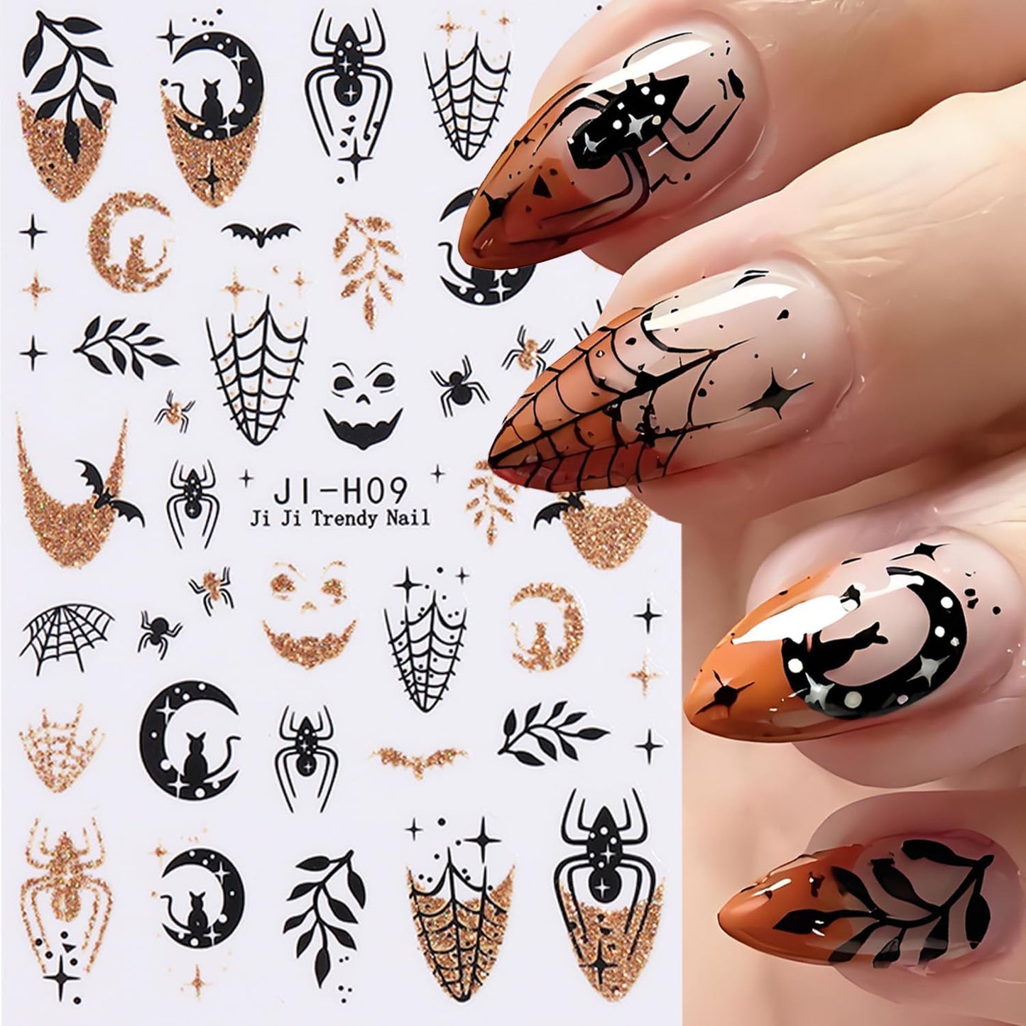 Halloween Nail Stickers for Nail Art, 3D Self-Adhesive Halloween Nail Decals Nail Art Supplies 6PCS Glitter Pumpkin Spider Web French Tip Cute Design Holiday Sticker for Women DIY Manicure Decorations