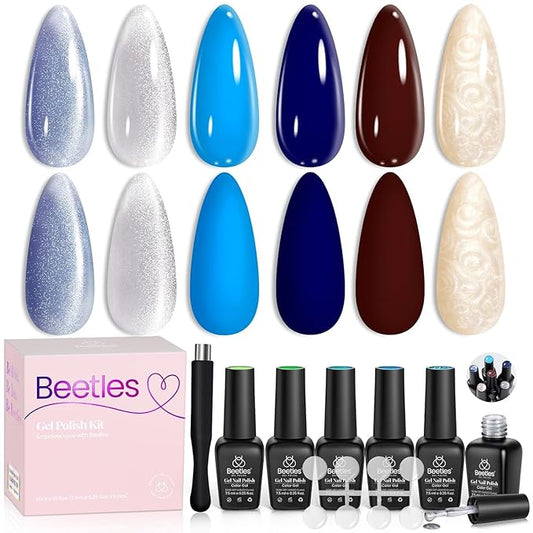 Beetles Cat Eye Gel Polish – Glamorous Metamorph 6 Color Gel Nail Polish Set, Blue Brown Pearl with Magnet Soak Off Uv LED for Salon Manicure Art DIY Back to School Nails