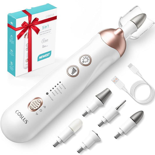 COSLUS Professional Manicure Pedicure Kit: 5 in 1 Electric Nail File Set Toenail Grinder, 5 Speed Cordless Nail Drill for Thick Nail Toenail Cuticle, Hand Feet Trimmer Buffer for Women Men Baby Pets