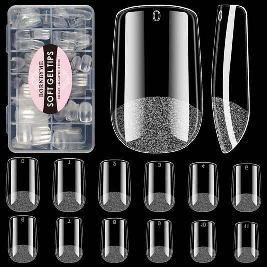 Short Square Soft Gel Nail Tips, BORNBYME 216 PCS Pre Buff Full Cover Shaped Nail Extenison Tips Half Matte Gel Nail Tips