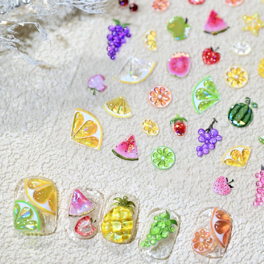 Summer Fruit Nail Art Stickers, 2 Sheets, 5D Embossed Self-Adhesive Decals with Strawberry, Grape, Lemon, Apple, Cherry Design for DIY Nail Decoration