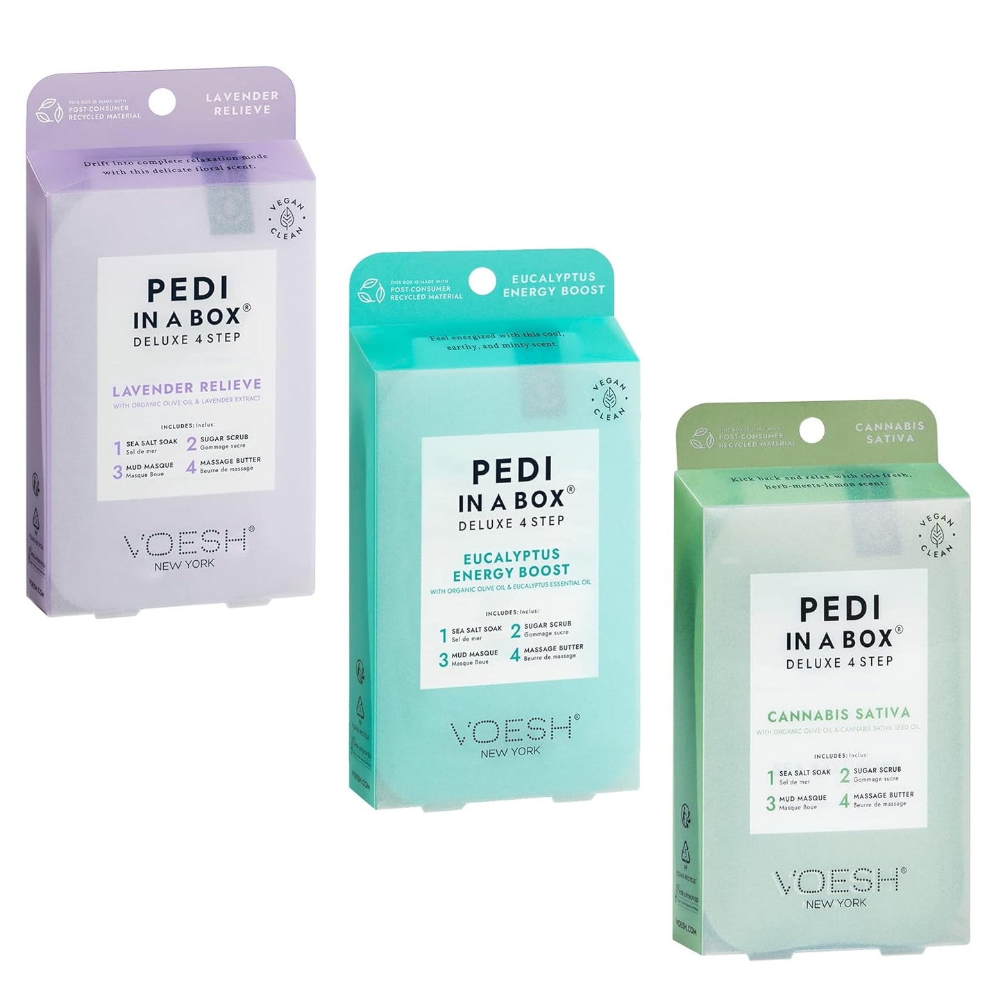 VOESH Pedi in a Box 4 Step Herb Trio - 3 Pack of Lavender Relieve, Eucalyptus Energy Boost & Herb Seed Oil Pedis, Spa Pedicure Kit, At-Home Pedicure
