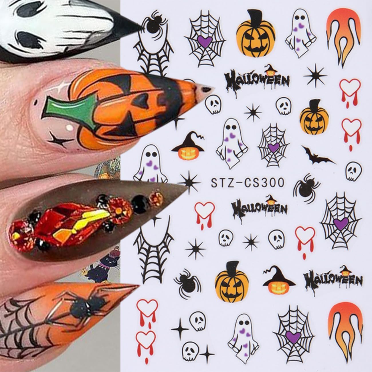 6Sheets Halloween Ghost Nail Stickers for Nail Art Set - 3D Skull Spider Heart Pumpkin Flame Star Cartoon Cute Designs Nail Decals Foil Transfer Sliders Holiday Party Halloween Manicure Decorations