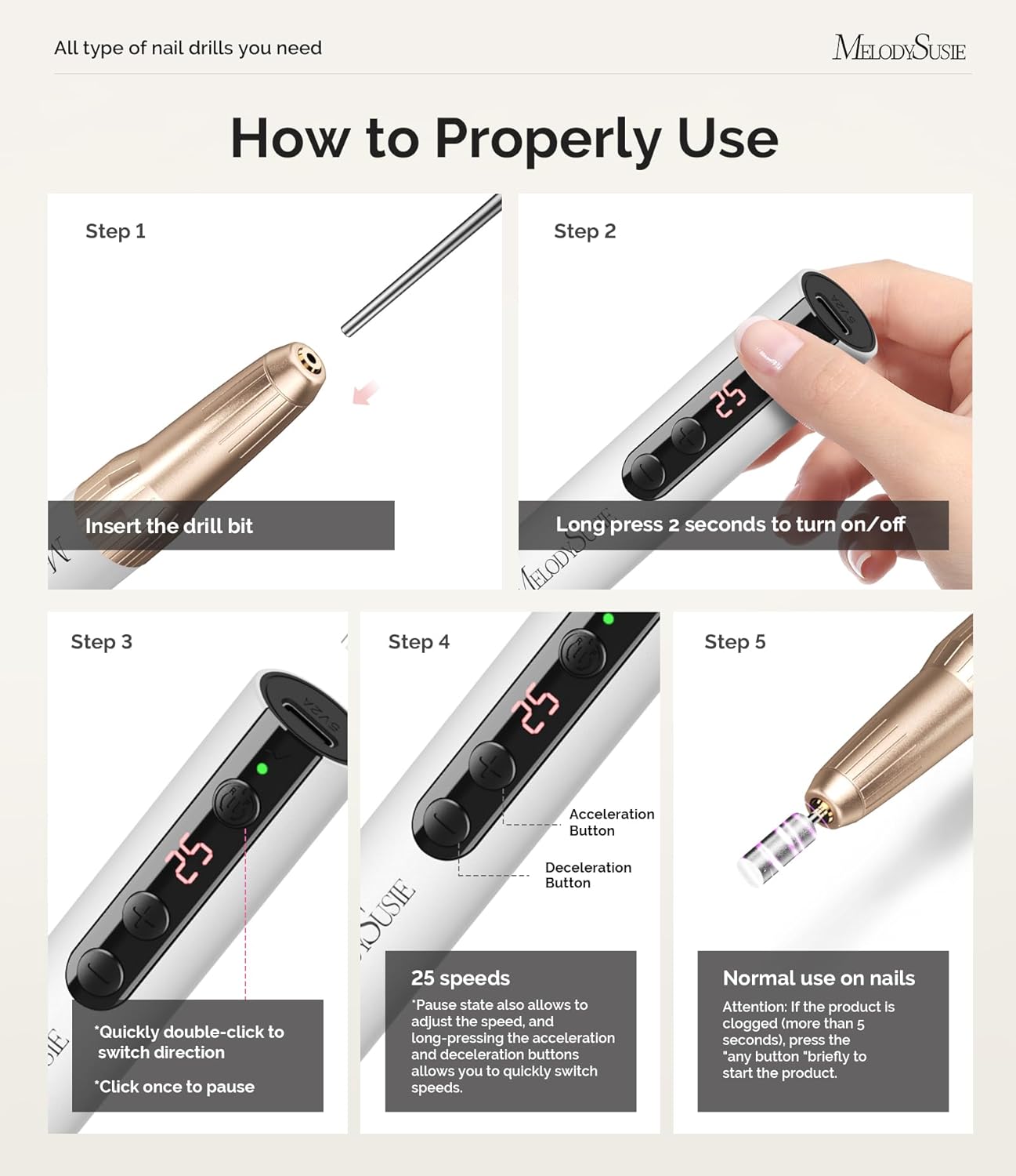 MelodySusie Pen-Shaped Portable Cordless Nail Drill, PC180E 25000RPM Rechargeable Electric File with LED Display for All Nail Care, Manicure Shaping & Acrylic Gel Removal for Nail Artists DIY at Home