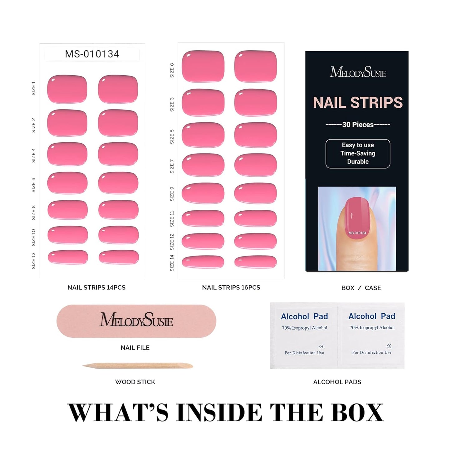 MelodySusie 30PCS Semi Cured Gel Nail Strips, Juicy Pink, Works with Any Nail Lamps, Salon Quality, Long Lasting, Easy to Appl, Includes 2 Prep Pads, Nail File & Wooden Stick