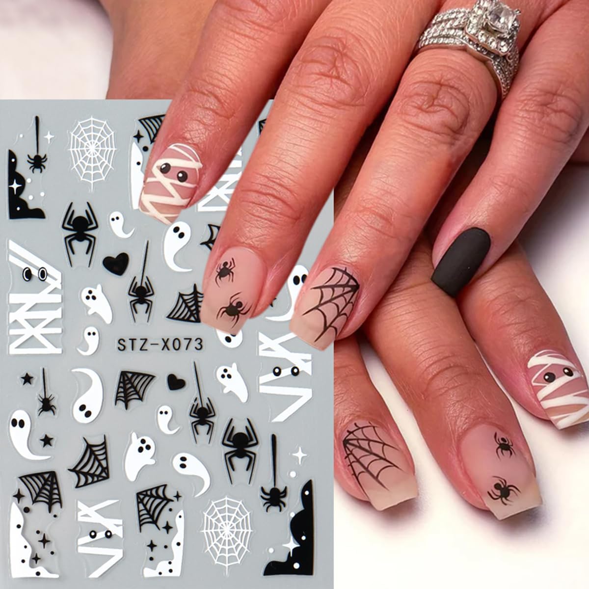 Halloween Nail Art Stickers Decals 3D Ghost Spider Web Nail Stickers 6PCS Cute Ghost Love Heart Spider Web Bandage Eye Ball Halloween Nails Design Adhesive Stickers for Women DIY Nail Art Decorations