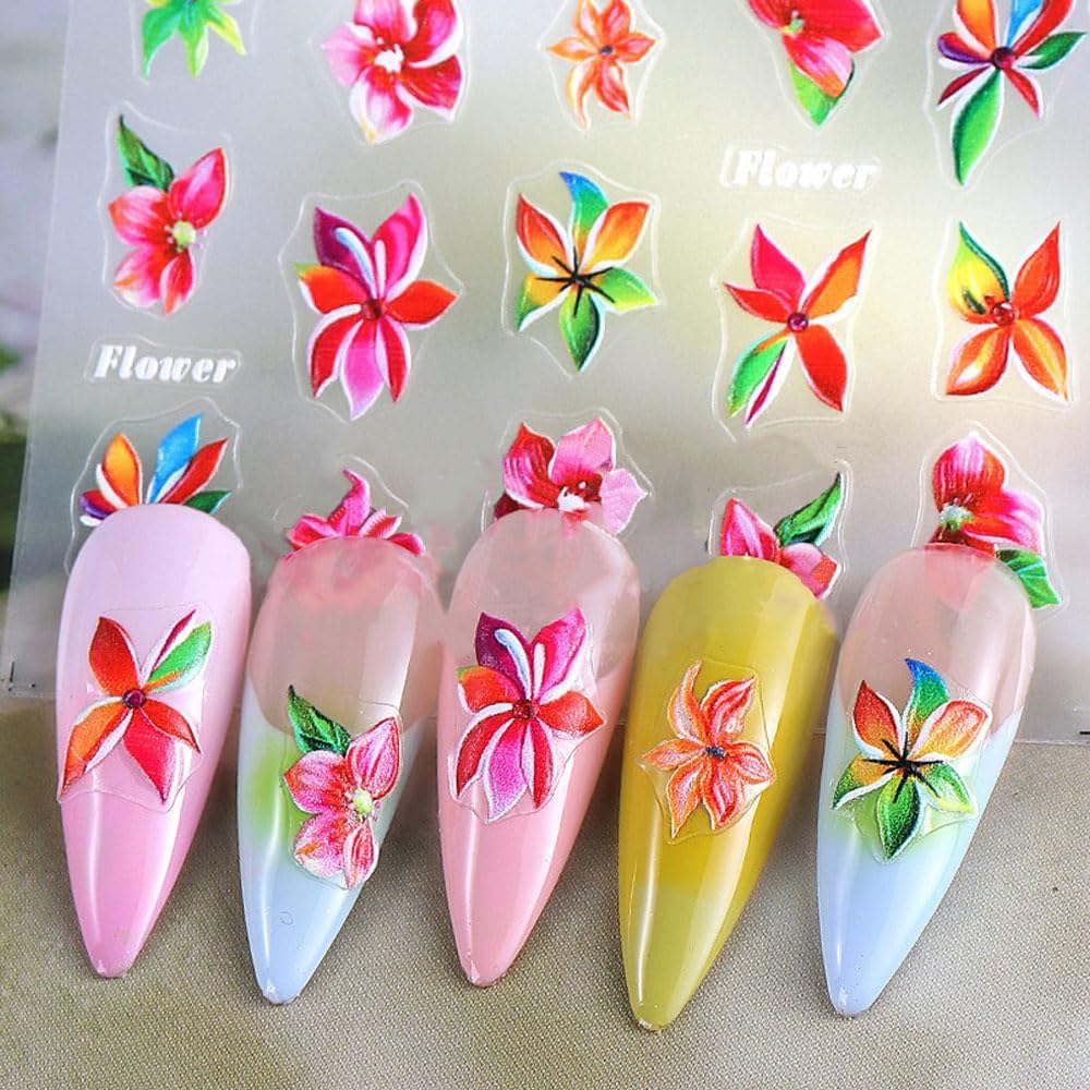 Tropical Flower Nail Art Stickers, Self-Adhesive Floral Decals, Colorful Summer Design for DIY Nail Decorations, 6 Pieces