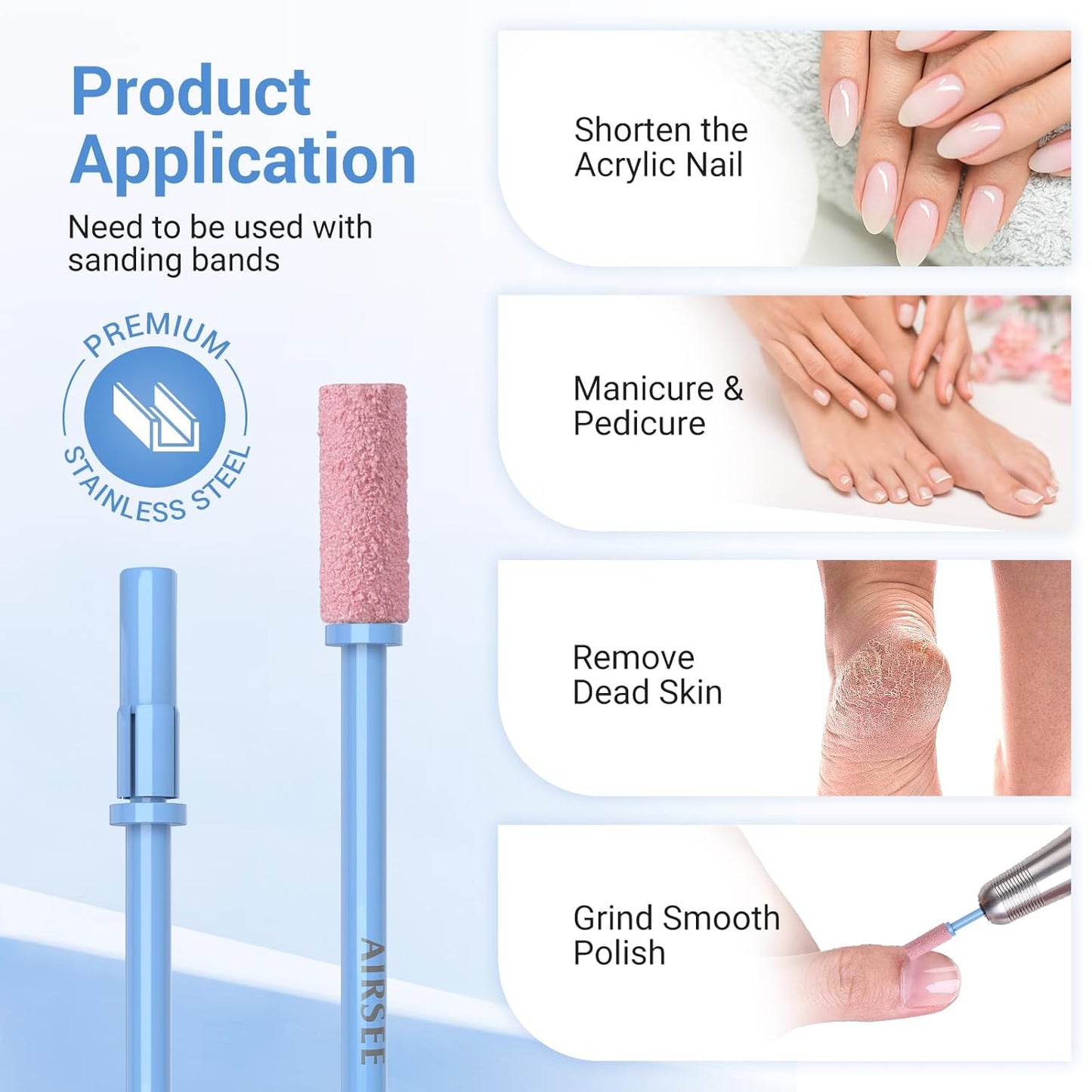 AIRSEE 3.1mm Small Nail Drill Mandrel Bits for Mini Efile Sanding Bands, Stainless Steel Professional Electric Head Clean Remove Cuticle Removing, Acrylic Manicure Sander Safety (Tranquil Blue)
