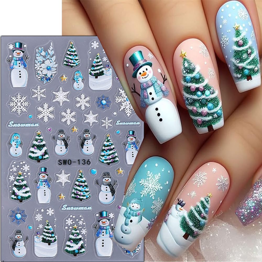 Christmas Nail Stickers 5D Embossed Christmas Tree Snowman Nail Art Stickers Winter Snowflake Nail Decals Self-Adhesive Bow Holiday Lights Design Sticker Xmas Cute Nail Art Decoration for Women 4Pcs