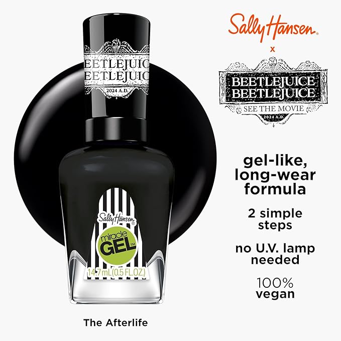 Sally Hansen Miracle Gel Beetlejuice Salon Quality Nail Polish | Gel-Like Formula, Two-Step System, No UV Light Needed, Long Lasting | Opaque, Glossy | 934 The Afterlife | Black Nail Polish