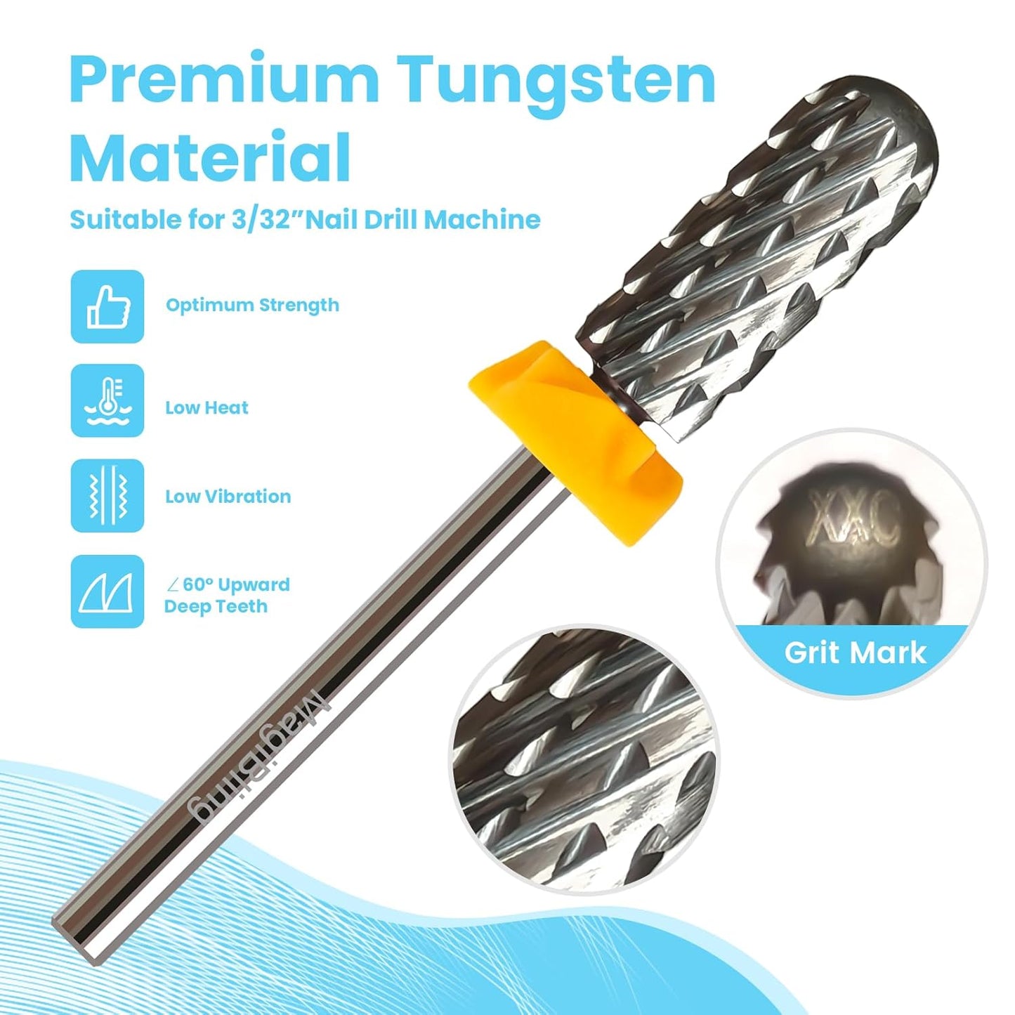 Super Cut Small Barrel 3/32'' Safety Tungsten Nail Drill Bits, Remove Gel Fast, Right handed, Suitable for Manicure Pedicure Cuticle Gel Polishing, Classic Round Top Bits, Double Coarse.