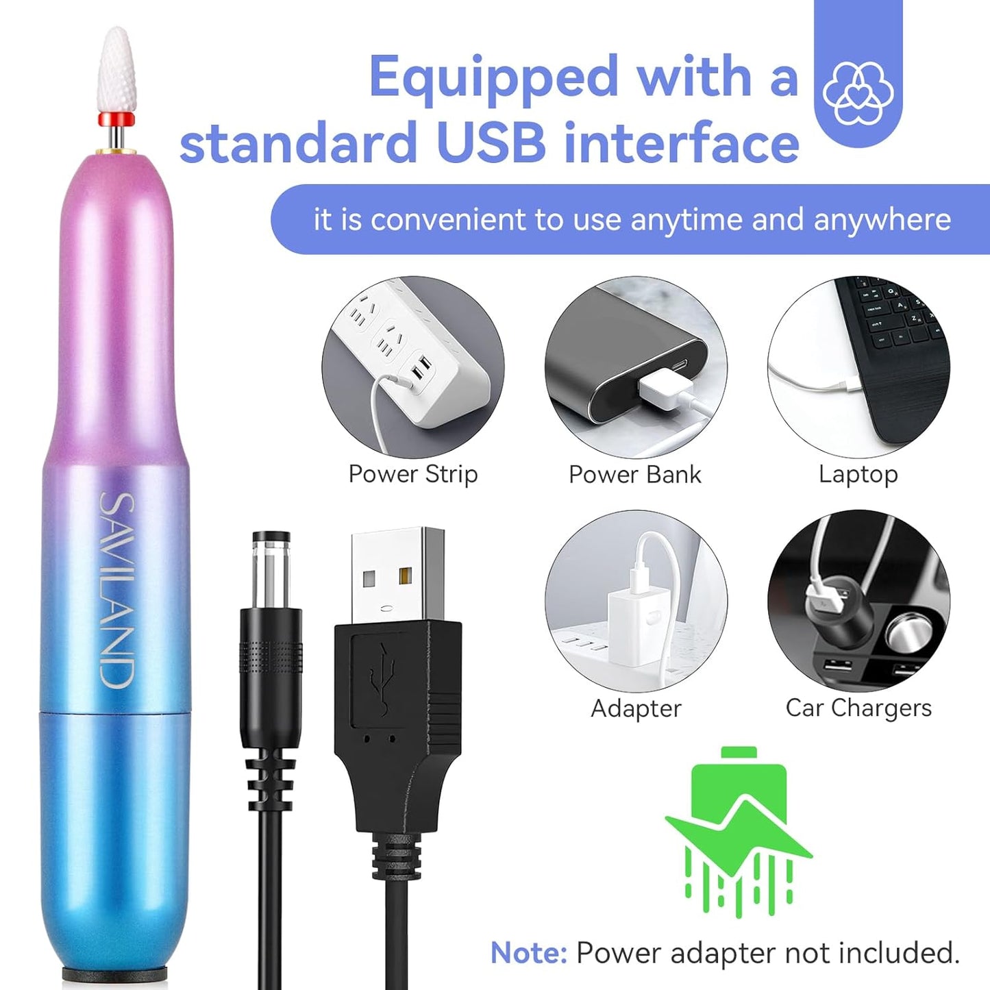 SAVILAND Advance Portable Electric Nail Drill: Pro Electric Nail File 20000 RPM with 7 Nail Drill Bits & 51 Sanding Bands for Nail Prep Acrylic Nails Dip Nails Gel Nails Home Salon Use