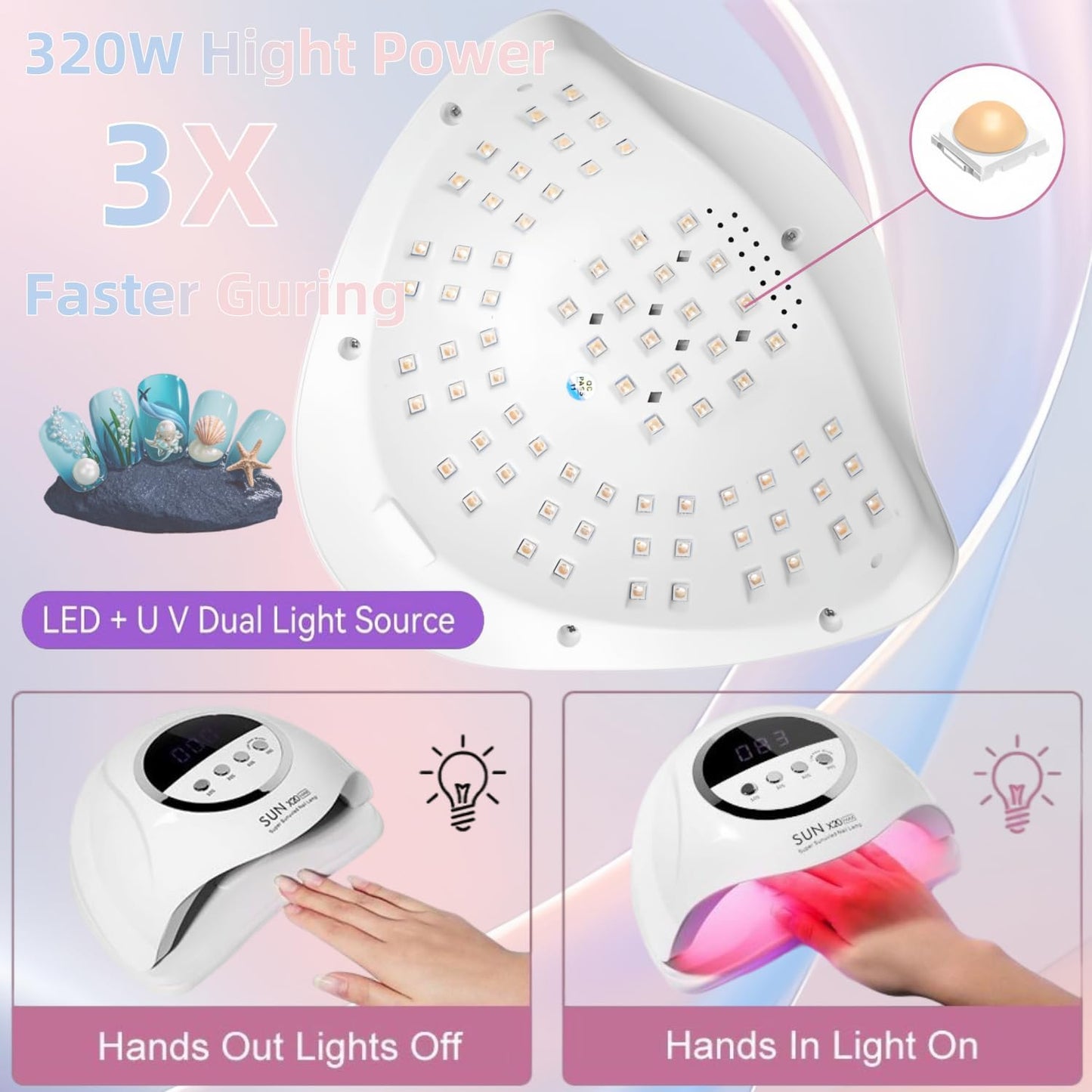 UV LED Nail Lamp with 72 Beads, 320W Nail Curing Lamps for Gel Polish with Automatic Sensor/4 Timer Setting,Led Nail Dryer, Professional Nail Art Drying Tools for Fingernail and Toenail